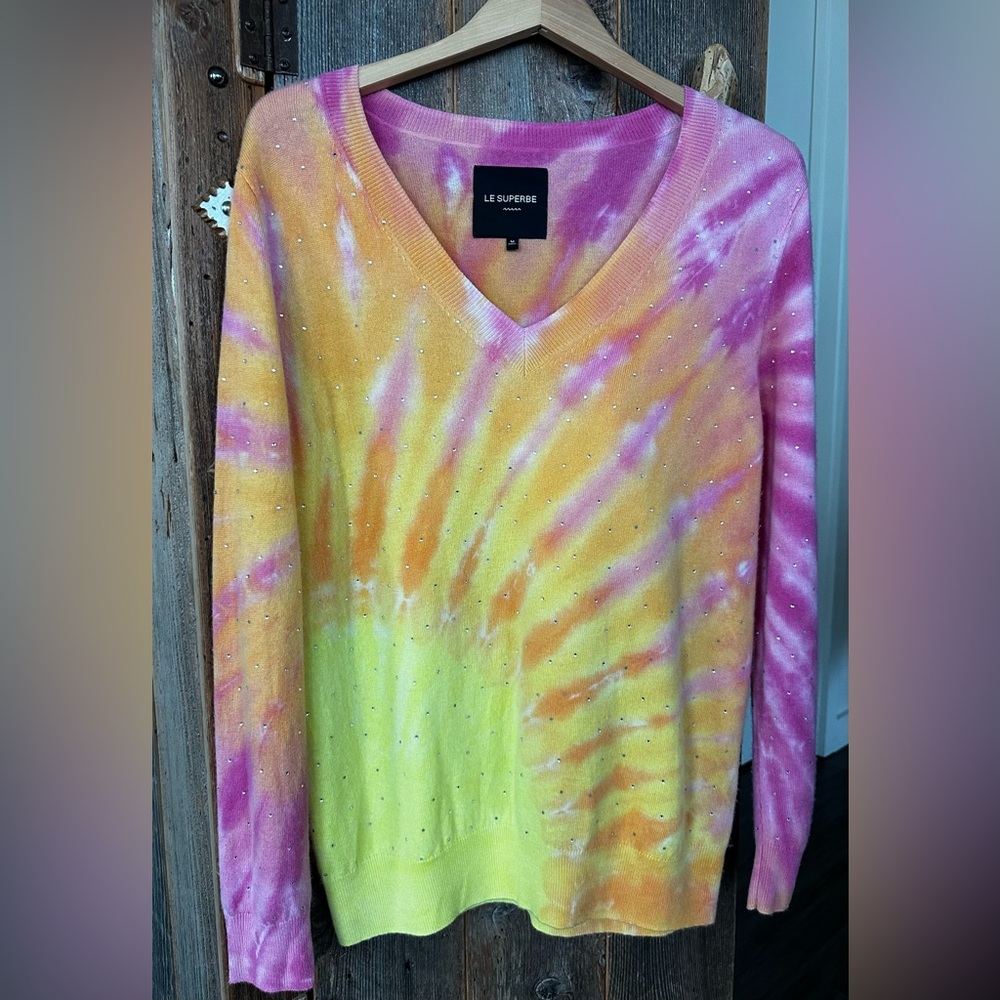 LE SUPERBE Ray Of Light Tie Dye Cashmere and Wool Embellished Sweater. Size M.